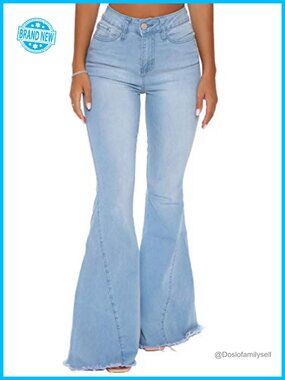 Women's Ripped Bell Bottom Flare Jeans Frayed Hem Distressed Denim Pants